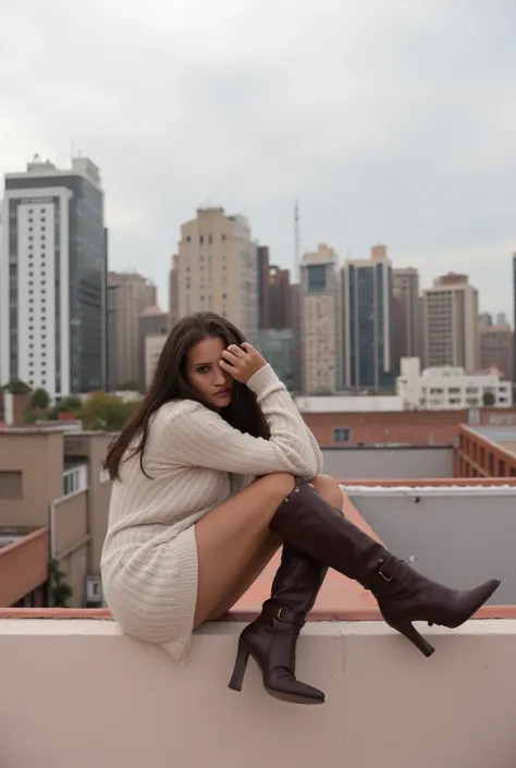 Araffe woman in a short dress and knee-high boots sitting on a ledge, sits on a rooftop, lorena avarez,  beautiful Mexican woman , Karla Ortiz, girl sitting on a rooftop, my industry guillen, On the rooftop, latina, on a rooftop, on a rooftop, latinas, ang...