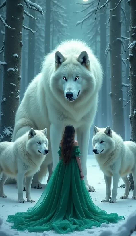 "A majestic scene of a young woman in a full-length emerald green frock that flows endlessly around her like a cascading waterfall, spreading over the snowy ground. She stands before a massive white wolf with glowing icy blue eyes, its thick fur sparkling ...