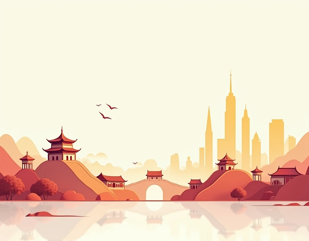 A minimalistic background featuring iconic Chinese symbols like the Great Wall, traditional architecture, and modern skyscrapers, with subtle red and yellow tones from the Chinese flag. Clean and simple design blending history and modernity