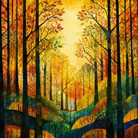 Best quality, high resolution, best composition, Zentangle style, Twilight forest with autumn leaves, a forest of very tall and thin-trunked trees, whose leaves are a beautiful gradient shade of autumn, dense undergrowth, a golden mist in the sky, the sun ...