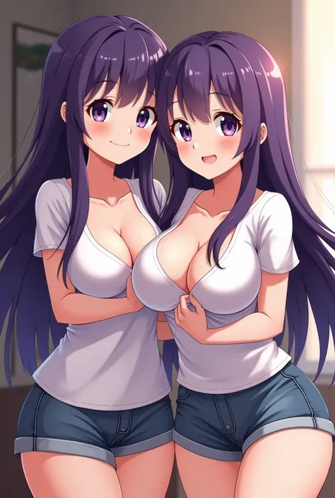 very identical anime triplets with very big ample boobs, big thighs and big ass, thicc, looking at viewer, original characters, high definition, in house, copying each other in picture, purple hair, purple eyes, long hair, smiling cutely at viewer, pose fo...