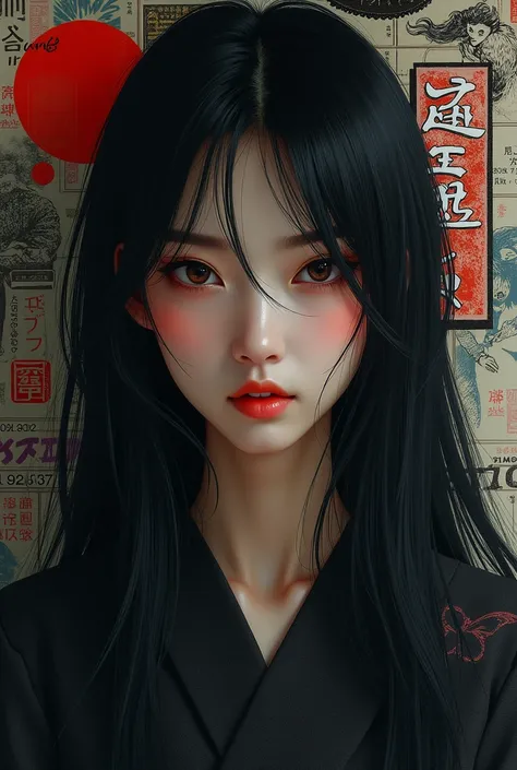 The background of an Asian woman with long dark hair, sharp eyes, and an expressionless face but a bright and beautiful face is like a dark house and colored Japanese comics