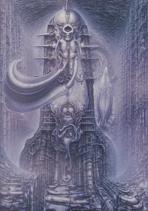 In a shadowy, surreal landscape reminiscent of H.R. Gigers most provocative works, H. R. Gigers g1g3r, , Giger_style, H. R. Gigers g1g3r, , Giger_style, The image is a detailed view of H.R. Gigers " HRG Aleph " plate, featuring ( The image depicts a surrea...