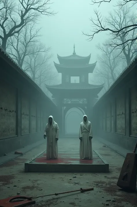 A desolate outdoor space in imperial China, surrounded by low stone walls and bare, twisted trees. A wooden platform with bloodstains is the focal point, with rusty execution tools scattered around. Translucent ghostly figures, appearing as anguished priso...