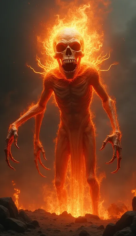 Create an image of a fireball with a skull face that is screaming and long arms holding on to something