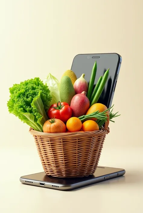 panier remplis de fruits et légumes ressortant dun smartphone pour faire la promotion dune épicerie 