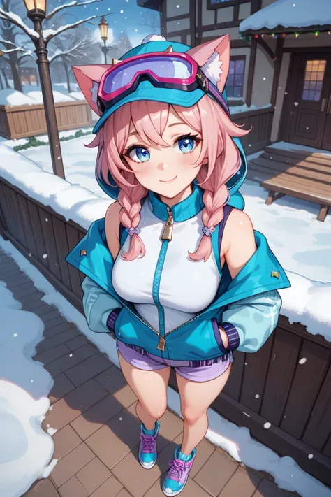 1girl, animal ears, baseball cap, blue-tinted eyewear, blue eyes, lilac footwear, lilac headwear, lilac jacket, lilac shorts, blush, braid, cat ears, christmas lights, closed mouth, eyewear on headwear, from above, full body, goggles, goggles on headwear, ...