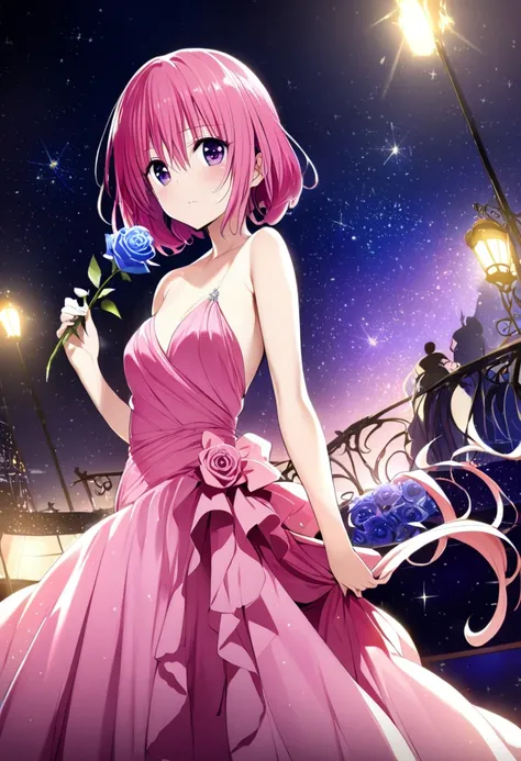 1girl,Momo Belia Deviluke, pink short hair flowing, purple eyes sparkling, elegant evening gown, studio set of starry night sky, dramatic side lighting, holding a rose, professional studio lighting, masterpiece, best quality, absurdres