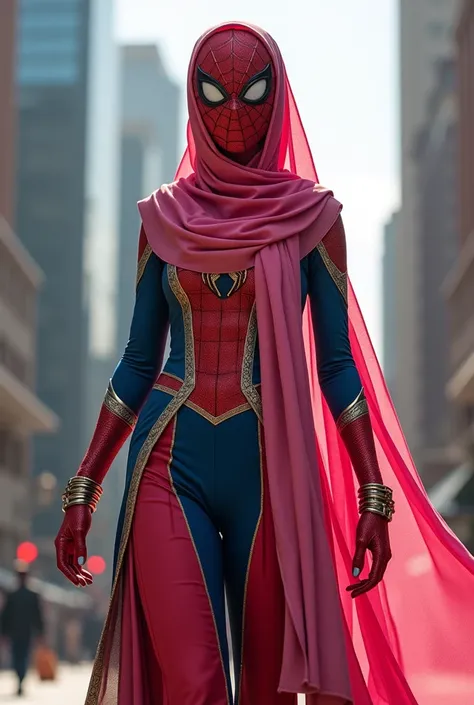 Create image of Spider-Man female version in salwar kameez with pink dupatta 