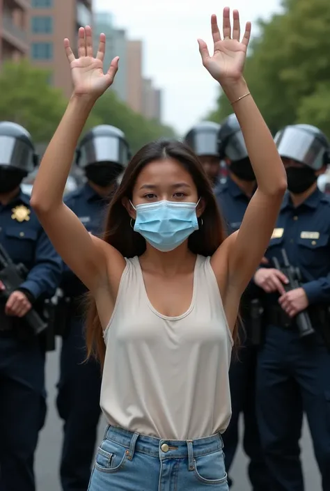 Girl raising hands with mask with sleeveless blouse in front of cops