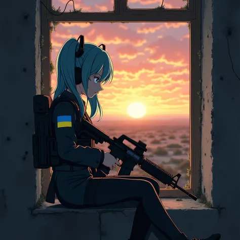 Anime girl Hattsune Miku  ,dressed in a pixel uniform and a bulletproof vest , on the shoulder of the chevron, the flag of Ukraine , holding an M416 ,  sits in a ruined house on the window at sunset and looks into the distance outside the window, mysteriou...