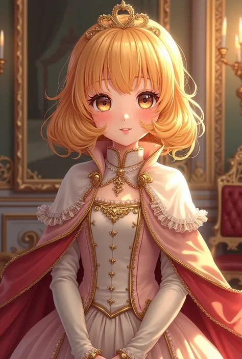 The painting depicts a young girl (loli) with vibrant golden hair styled elegantly, emphasizing her innocent and radiant beauty. She is dressed in a noble outfit inspired by Victorian or royal fashion, featuring intricate lace, jeweled embellishments, and ...