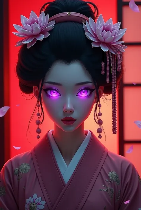 Samurai Geisha with purple lotus eyes in red settings 