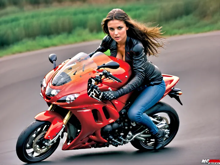  riding a HONDA VFR,(1 person,Baby Face,Charismatic Model,Big Breasts, with cleavage visible :1.5),(circuit,Woman riding a ,Speed up and cornering ,Hang On:1.5),mechanically correct, biologically correct