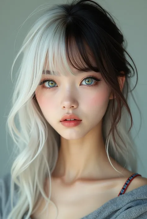 A Korean girl, has bangs with white and brown hair colour, has blue and green eyes, wears casual clothes