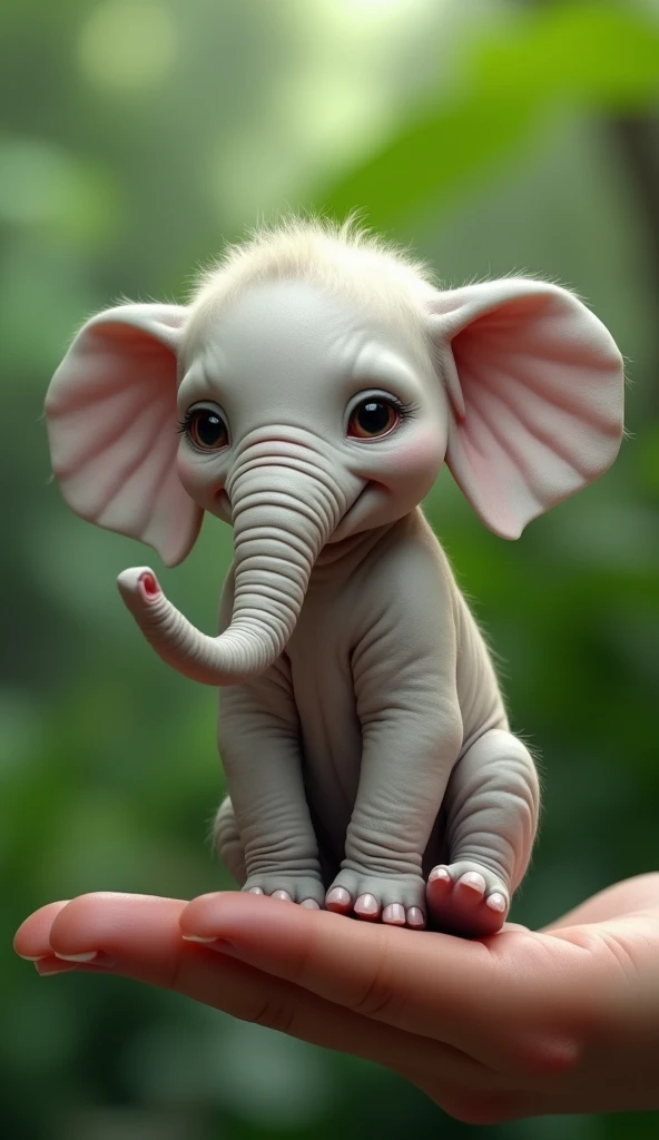 A realistic and adorable baby elephant with wrinkle white skin and sad face is sitting on a human finger, its long trunk curled up with a jungle in