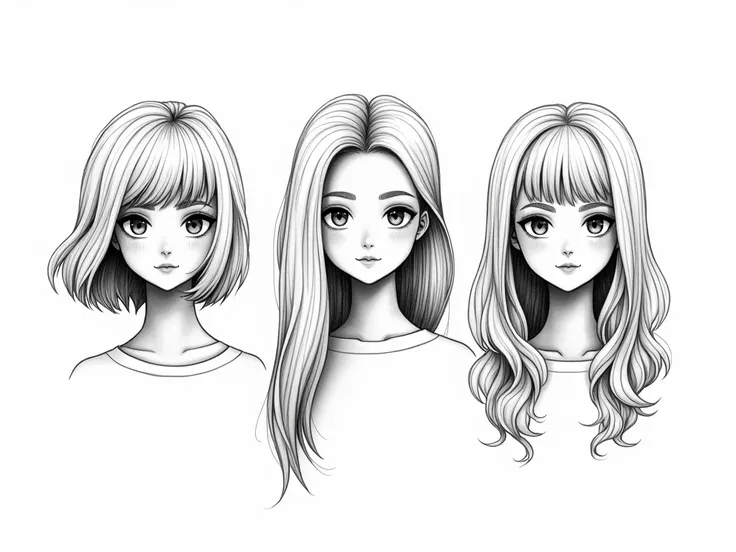  drawing on black and white background of 3 girls with short hair, medium hair and long hair only draws the upper part not the full body is for a shampoo label on hair growth,Without shadows the drawing 