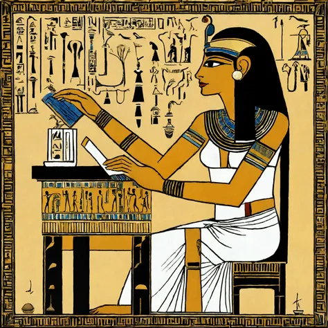 Egyptian painting of a lofi girl sitting on a chair studying with headphones, ancient egyptian mural, ancient egypt painting, ancient egyptian, ancient egypt art, ancient egyptian art, egyptian art, hieroglyphic occult, kemetic symbolism, egyptian symbolis...