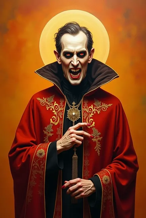 Nicholas the Wonderworker in the form of a vampire in a red and gold cassock with an ocher halo on an orange background,  oil painting