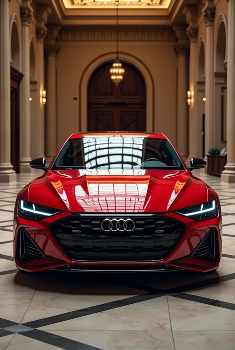 Front View Of Red 2025 Audi S8 in luxury hall