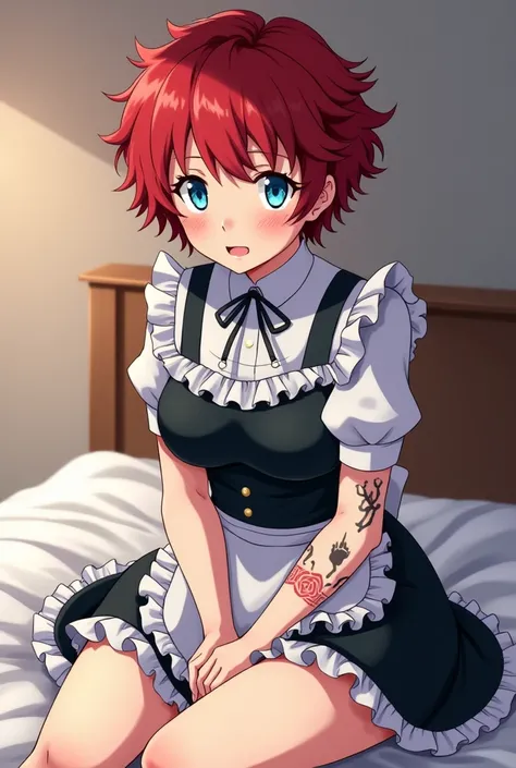  anime my hero Academia
a young woman , short curly red hair ,  with blue eyes with an attractive black outline ,  tattoos on the arms , shy blushed look ,  wears a knee-length maid outfit sitting on a full bed 
My Hero Academia Bonuses Studios