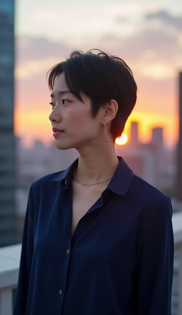 A 36-year-old woman with short black hair, wearing a dark blue blouse and standing in a modern cityscape, with the sunset in the background.