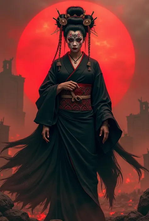 Voracious Geisha with black kimono and oni mask tattoo in ancient war background in a red setting