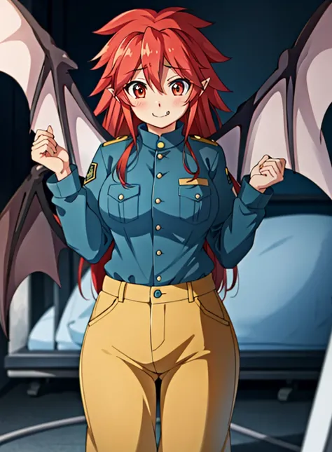 MariSetogoya, nsfw, 1girl, smile, solo, long hair, red eyes, red hair, wings, pointy ears, fang, bat wings, demon wings, looking at viewer, blush, smile, large breasts, standing, dynamic pose, 8k, masterpiece, best quality, absurdres, perfect anatomy, cine...