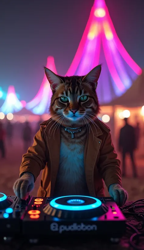 A cat standing behind a DJ booth at Burning Man at night, wearing unusual clothing, hyperrealistic, extremely detailed, highly detailed