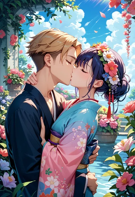 masterpiece, best quality, boy and girl,  (in flower garden, flower arrangement, surreal background, they surrounded by flower), hug, face to face, kiss, side shot, kimono, upper body, water color