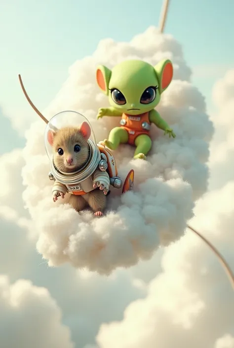 A little mouse in a spacesuit and a green Alien fly away from the monster on a white cloud with eyes 