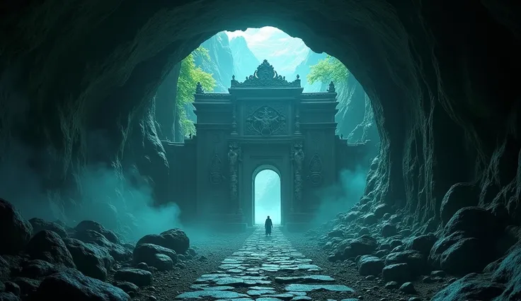 A mystical cave entrance resembling a pathway to the underworld, with an ancient, abandoned temple structure inside. The temple is illuminated by a faint, otherworldly glow, with intricate carvings on the walls depicting celestial and demonic beings. The p...