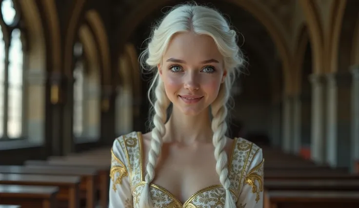 partially covered with gold patterns, medieval church, blue eyes, elsa, 18 years old, (((flat female chest:1.2))), (breast size, A:.3), beautiful, very slim, completely naked, legs apart, white hair, light blue eyes, eye contact, (((smiling, scared and sur...