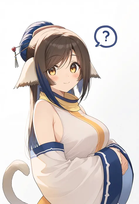 kuon_(utawarerumono), 1girl, long hair, animal ears, blue hair, breasts, yellow eyes, bare shoulders, blush, single hair bun, cat tail, brown eyes, medium breasts, cat ears, hair bun,, large breasts, hair ornament, hair stick, spoken question mark, hairpin...