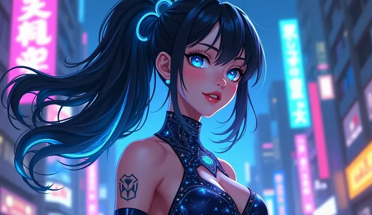 An anime realistic illustration style character design of Lia Navina, a striking figure blending celestial beauty with a cyberpunk edge. She has long, flowing black and blue fluffy hair with glowing neon highlights that pulse faintly, and her luminous eyes...