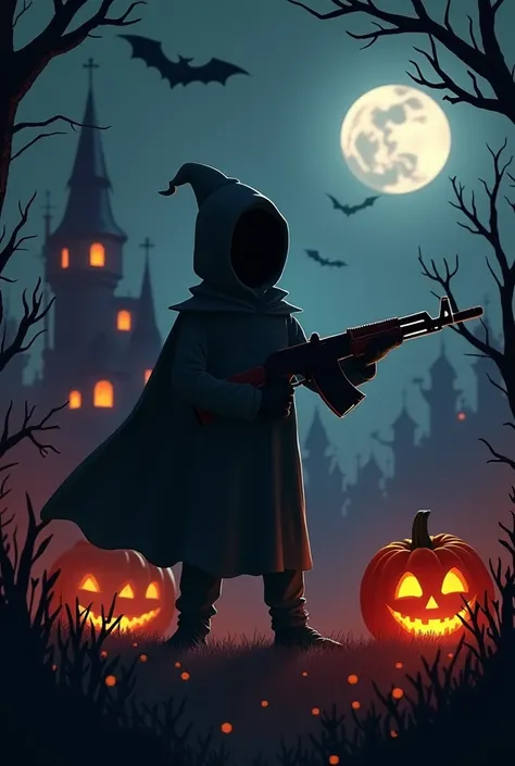  design a loepoly-style shootout game poster ， background is Halloween （ with Halloween trees、castle、 pumpkin lantern ）， A pure black figure holding a solid color AK grab without any decorations aimed at several figures similar to him,The title “Halloween ...