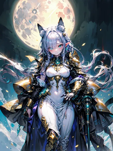 cat ears, （Big Moon、Shining Moon in the Background ）、doll,  green eyes,  blue-white skin,  light purple hair,  long hair, blunt bangs,  braiding 、, Paladin、 long hair、blunt bangs、 green eyes、3本の braiding  1束、(  golden armor 、Golden Boots、Golden Helmet 、gem...