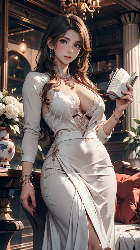 Female, high school social club vice president, gentle and elegant demeanor, voluptuous figure, wearing a refined uniform or evening gown, noble and reserved expression, background as a luxurious club room, flowing long hair, smooth and fair skin, large an...