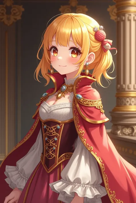 The painting depicts a young girl (loli) with vibrant golden hair styled elegantly, emphasizing her innocent and radiant beauty. She is dressed in a noble outfit inspired by Victorian or royal fashion, featuring intricate lace, jeweled embellishments, and ...