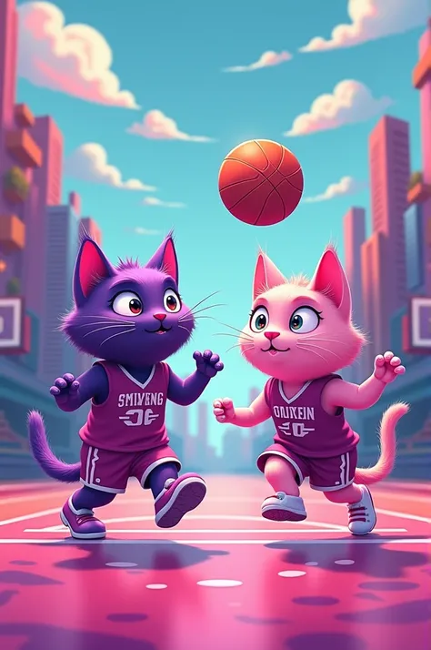 Purple and pink cat are playing basketball.