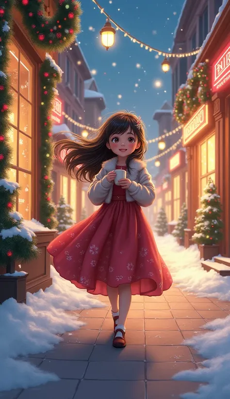 A young girl dressed in an elegant, festive dress gracefully walks down a beautifully decorated city street on Christmas Eve, her flowing hair adorned with sparkling holiday accessories, her eyes twinkling with the joy of the season. The street is illumina...