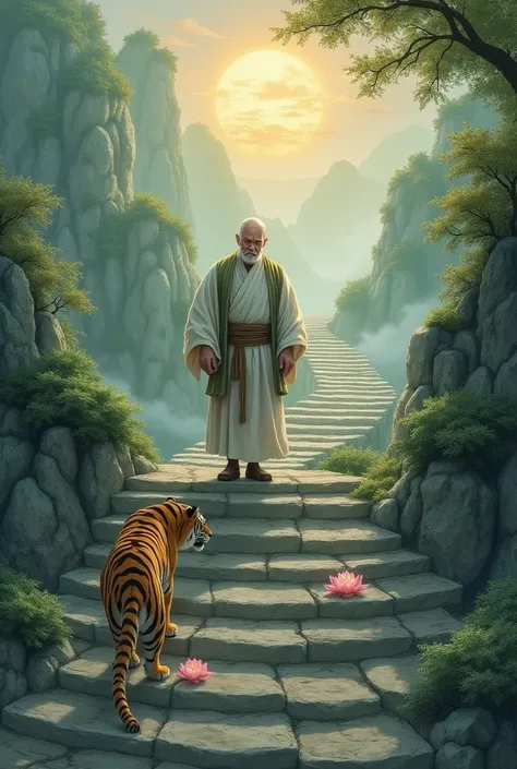 Chinese bald old man walking up stairs ， with tiger sun lotus crystal next to him