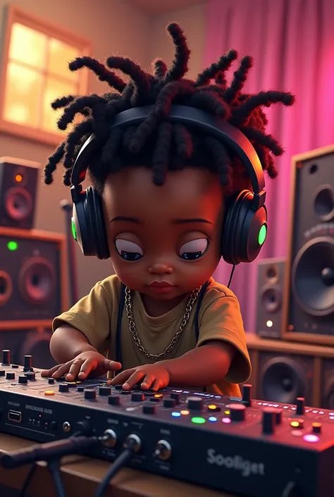 A baby with dreadlocks mixing sounds in the music studio and with headphones and microphone 