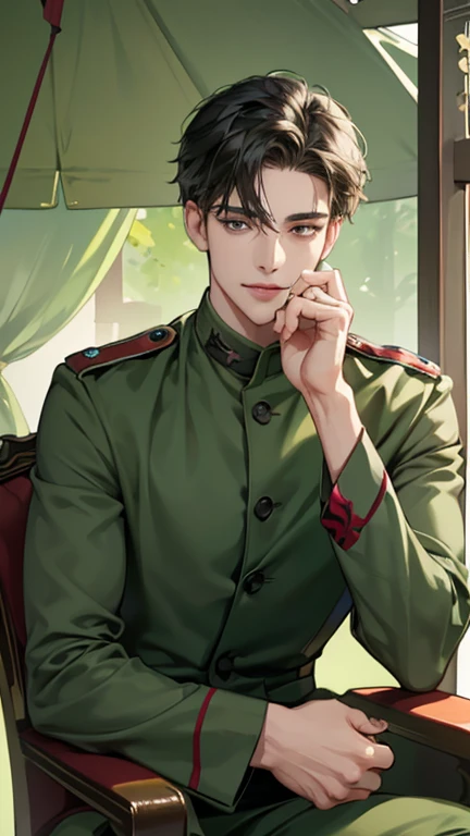  1 boy,Handsome face,   perfect male body  , looking at camera,  Smile,(soldier, Wearing green military fatigues ,   His hands crossed his fingers are crossed in front of his lips ,  The background is a gazebo) He is sitting on a fancy chair ,,masterpiece,...