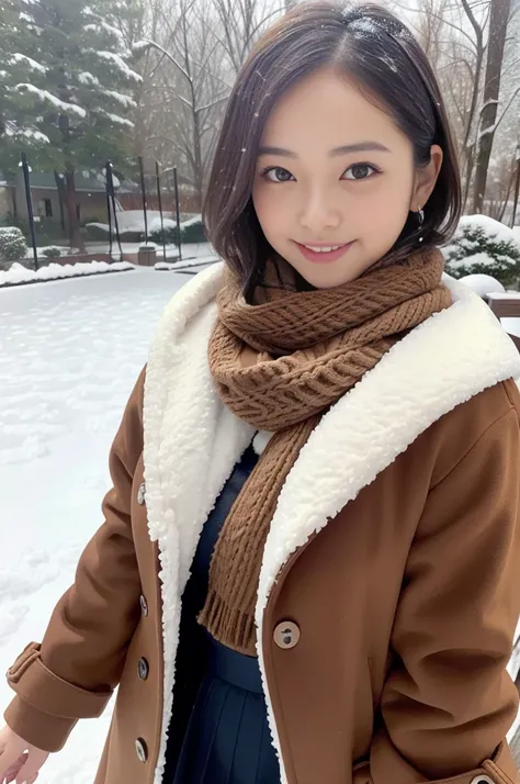 (8k, RAW photo, photorealistic, HQ, masterpiece), a cute Japanese girl,(glowing eyes), 
(light smile), brown hair, fluffy Pixie Bob hair, large breasts, curvy, (Stylish winter outfits, Scarf, coat, long skirt), 
standing pose, Seductive pose, (Snow is fall...