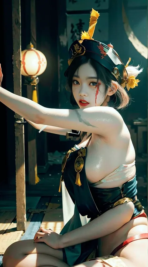 born, masterpiece, Ultra-detailed photos, 最 High Quality ,  super high res,  realistic , moonlight,   knight ,  beauty,  Shorthair,  delicate facial features,  perfect face, Big Breasts, A yellow rune on her face ,  with many Taoist marks on her body , Qin...