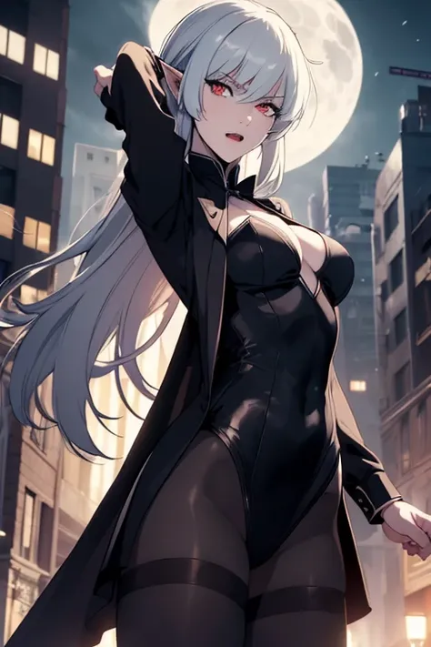 alice,vampire,grey hair, long hair, red eyes, pointy ears, large breasts,1girl, laughing, highlights, (One Person), (Masterpiece, Best Quality), (A Gorgeous 25 Years Old British Female Vampire Mercenary), (Pale Skin with Hidden Fangs), (Wearing an elegant ...