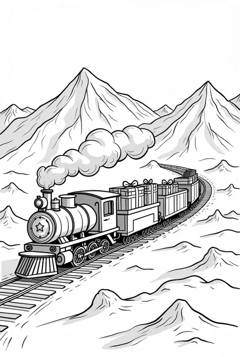 Create for. me simple thick black and white drawing line of size 8.5x 11 inches for my colouring book for s between 3 to s:  A Christmas train delivering gifts through snowy mountains.
