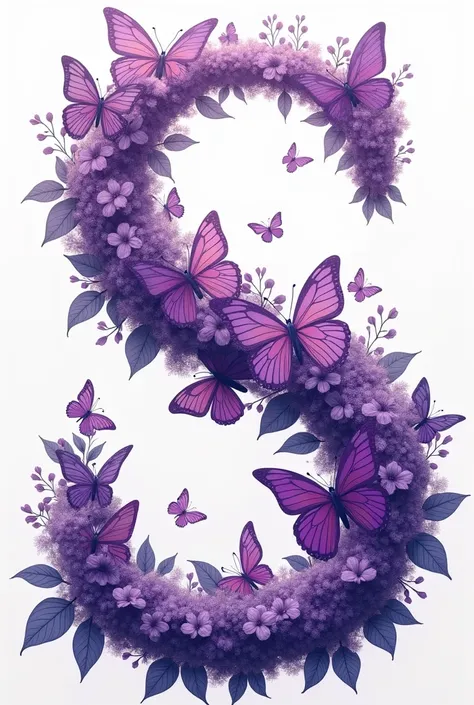 Lettre S majuscule nature fait avec des papillons des fleurs et des feuilles couleur violet Lila
