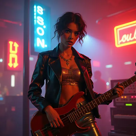 "An ultra-realistic, high-quality depiction of a stunning woman in a live-action funk-inspired scene. She stands confidently in a vibrant, urban backdrop illuminated by glowing neon signs and dramatic stage lights. Her outfit fuses modern streetwear with v...